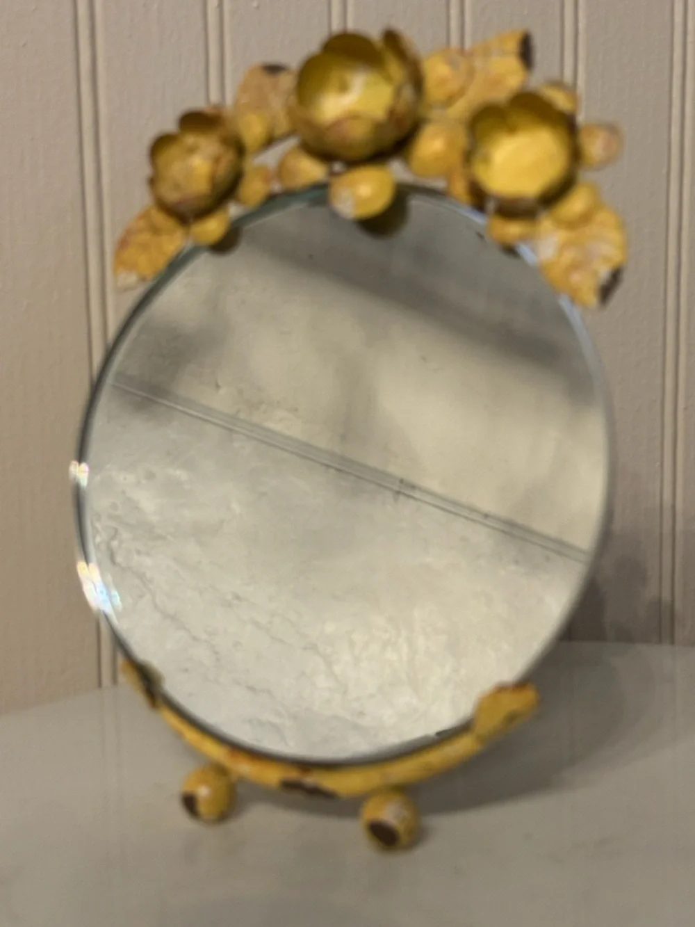 Vintage Vanity Floral Embellished Round Tabletop Mirror on Adjustable Stand